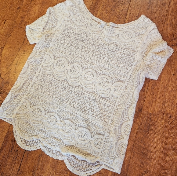 ❄️ Lapis M Cream Whites Sheer Crochet Cutout Top Boho Festival Vintage Fall Wear - Picture 1 of 4